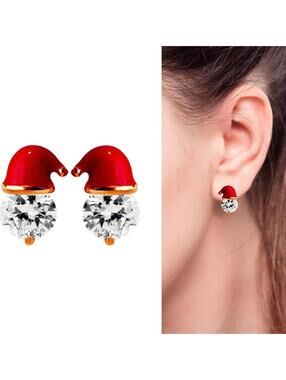 New Absolutely Adorable Santa Hat Rhinestone Stud Earrings